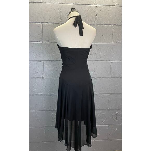 Vintage 90s Black Mesh Halter Dress Handkerchief Hem Sequined LG City Triangles - Picture 7 of 9